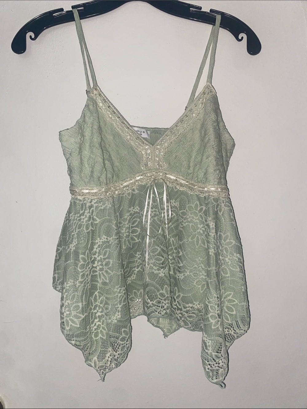 Lace-Trim Sage Green Spaghetti Strap Tank Top